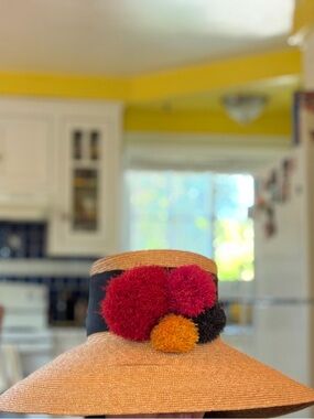 NWOT - EUGENIA KIM Straw Sun Hat with Red and Orange Pom-Pom Accent